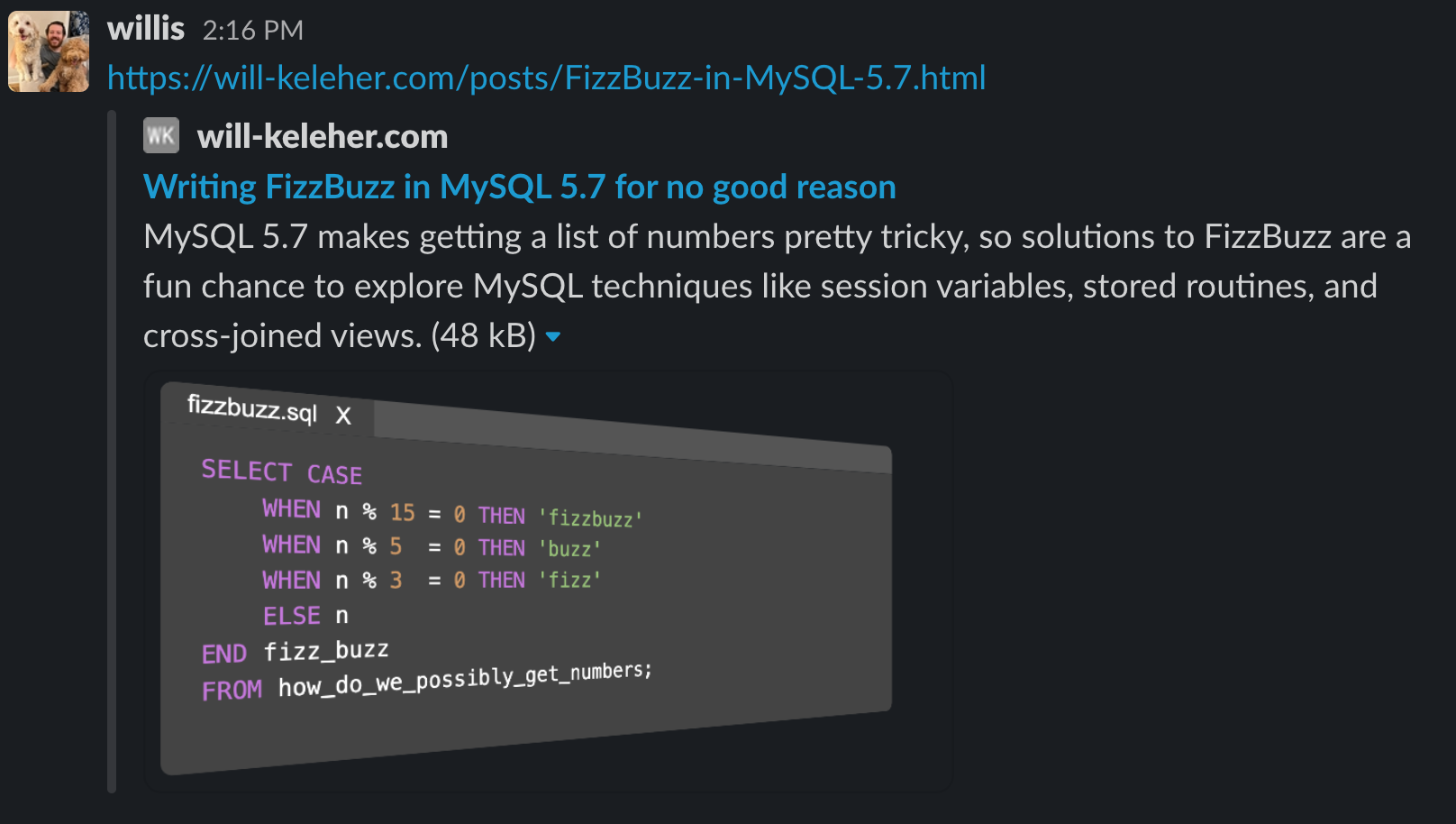 A screenshot of the slack client with a post from the blog with its accompanying preview