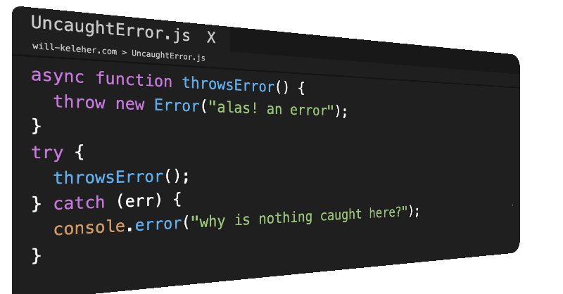A picture of a text editor viewed from an angle. The text editor shows incorrect JavaScript async code