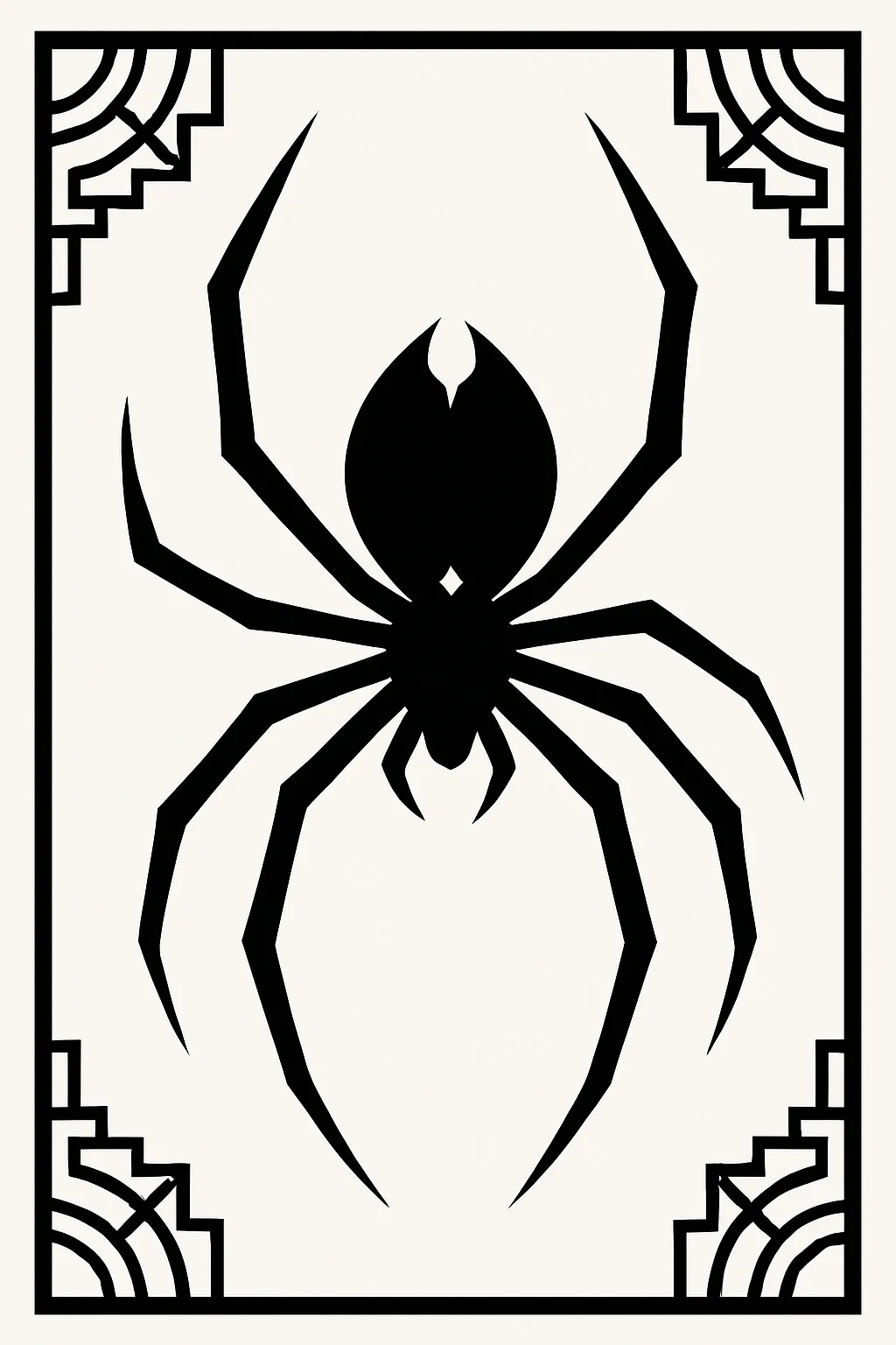 "Black and white silhouette of an 8-legged spider."
