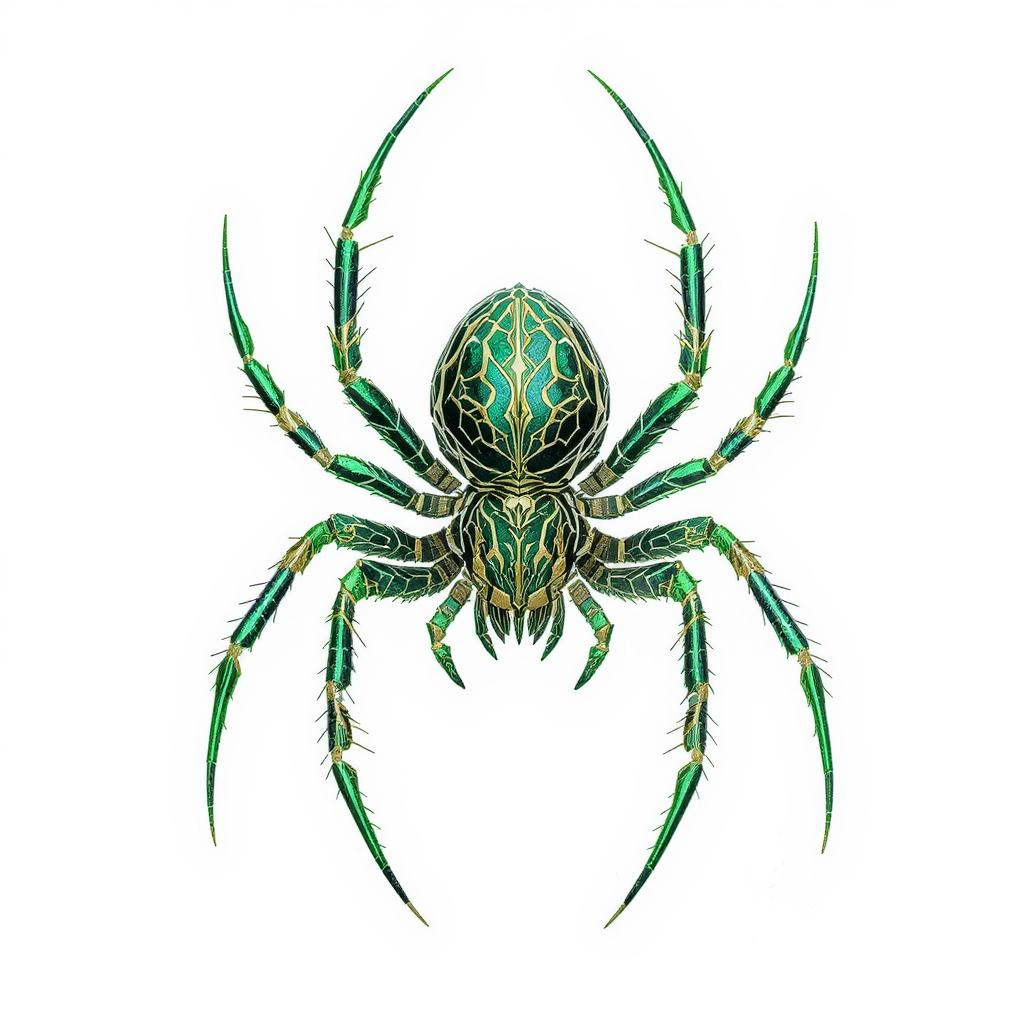 "Green and gold spider silhouette with 8 legs. It also has at least one set of extra pedipalps."