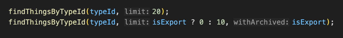 Editor augmented with parameter inlay hints. It shows &ldquo;limit:&rdquo; and &ldquo;withArchived:&rdquo; before the literal parameter arguments